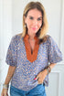 Ashleigh Blue Leopard Print Spot Contrast V Neck Half Puff Sleeve Shirt